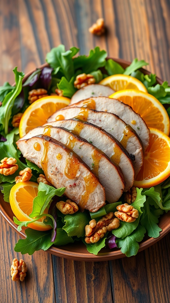 A colorful smoked duck salad with mixed greens, orange segments, and walnuts, dressed in orange vinaigrette.